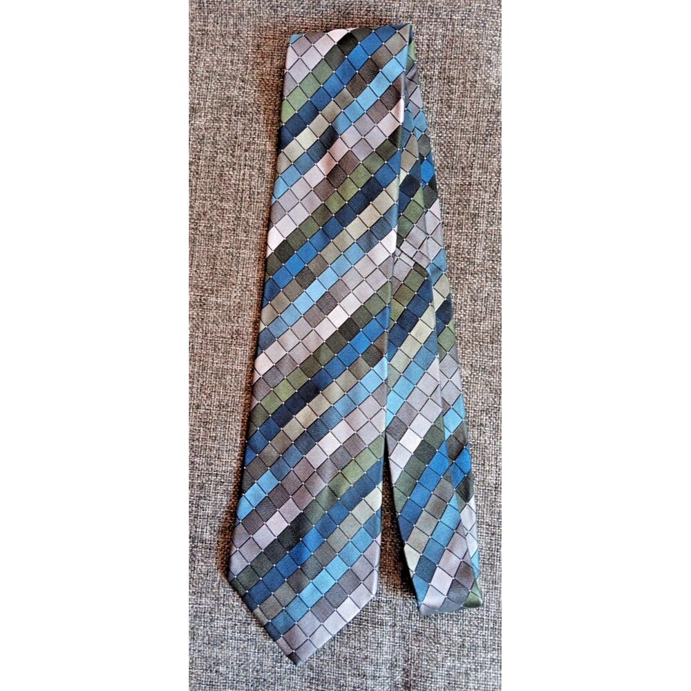 Tie 70s 80s 90s Y2K Van Heusen Silk Blue Gray Green 3.5 Wide 58 Long